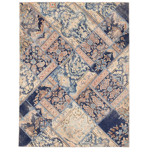 Blue Patchwork Persian Rug Hand Knotted Size 4'10" x 6'5"