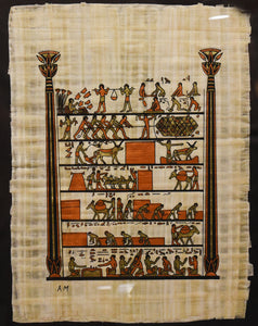 Egyptian Agricultural Scene on Papyrus, Signed AM
