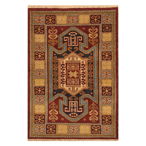 Red Indian Rug Kazak Design Hand Knotted Size 4'1" x 6'