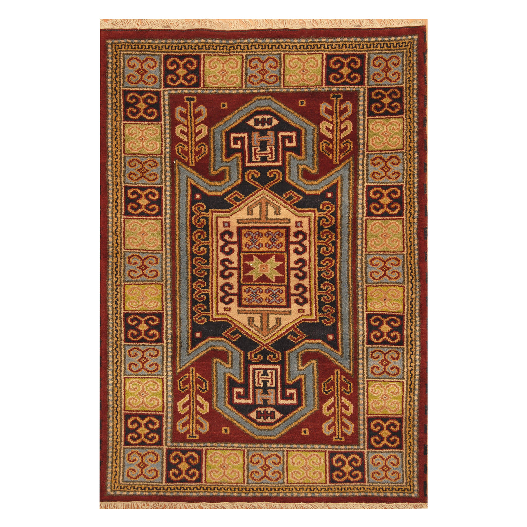 Red Indian Rug Kazak Design Hand Knotted Size 4'1