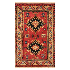 Red Indian Kazak Design Rug Hand Knotted Size 3'2" x 5'1"