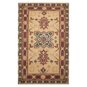 Beige Red Indo  Kazak  Design Rug  Hand-Knotted Size 3'2" x 5'4"