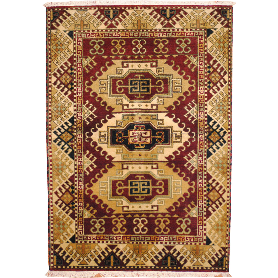 Beige Black Indian Kazak Design Rug Hand Knotted Size 4' x 6'
