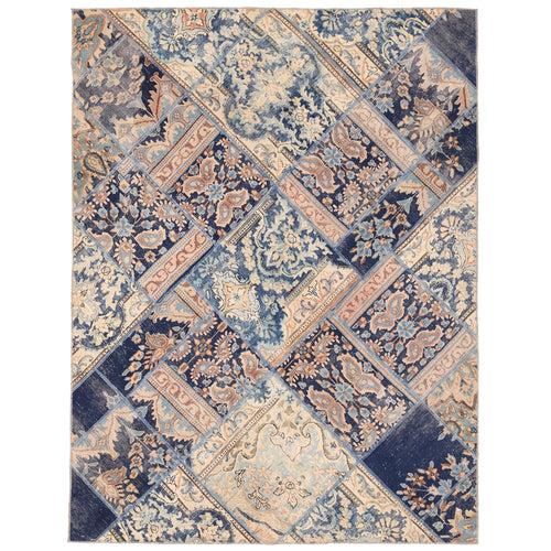 Blue Patchwork Persian Rug Hand Knotted Size 4'10