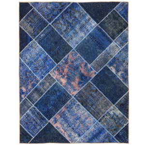 Dark Blue Pakistani Patchwork Rug Hand Knotted Size 4'11" x 6'3"