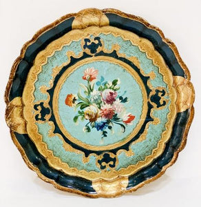 Vintage Italian Wooden Plate with Flowers Design