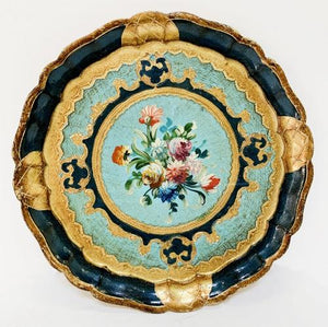 Vintage Italian Wooden Plate with Flowers Design