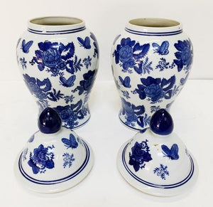 Set of 2 Vintage Blue & White Oriental Floral Vases