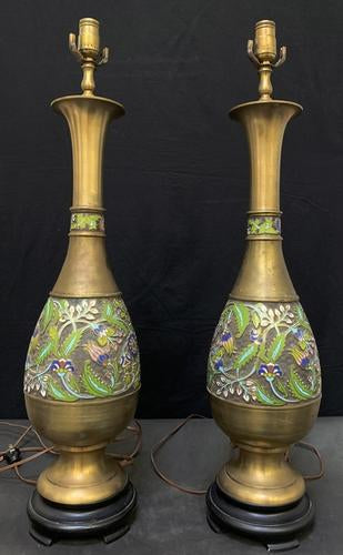 Vintage Set Of Two Brass Champleve Enamel Lamps
