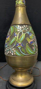 Vintage Set Of Two Brass Champleve Enamel Lamps